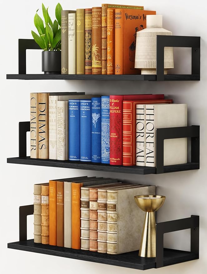Harwaya Wall Mounted Bookshelf, Floating Bookshelves for Bedroom, 17 Inches Long Wall Mount Book Shelves for Living Room Office Books, Black Wall Book Holder Bookcase (Set of 3) by Harwaya