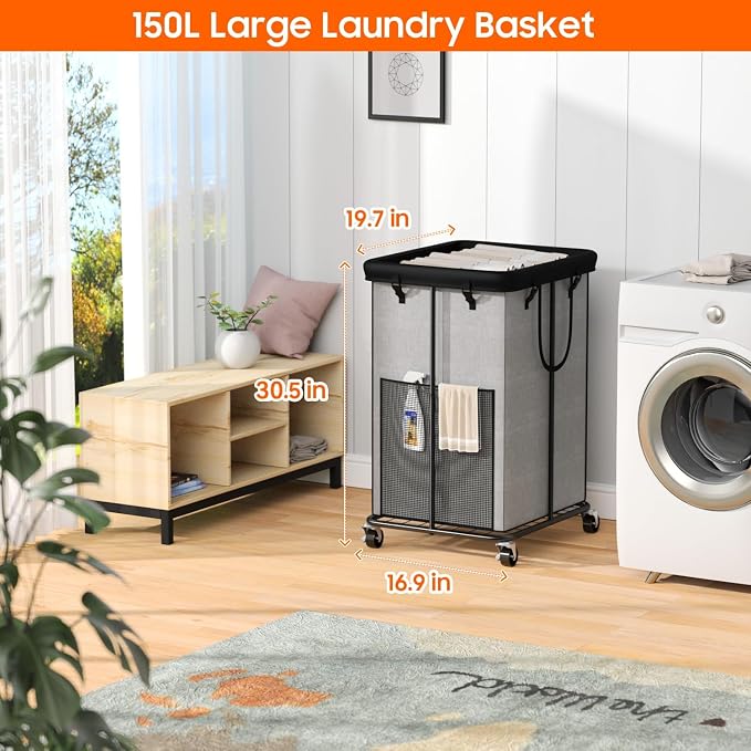 150L Laundry Hamper with Wheels, Rolling Laundry Basket with Metal Frame and Removable Bag, Large & Tall Dirty Clothes Hampers for Bedroom Aesthetic, Laundry Room, Bathroom, Dorm-Grey - Image 2