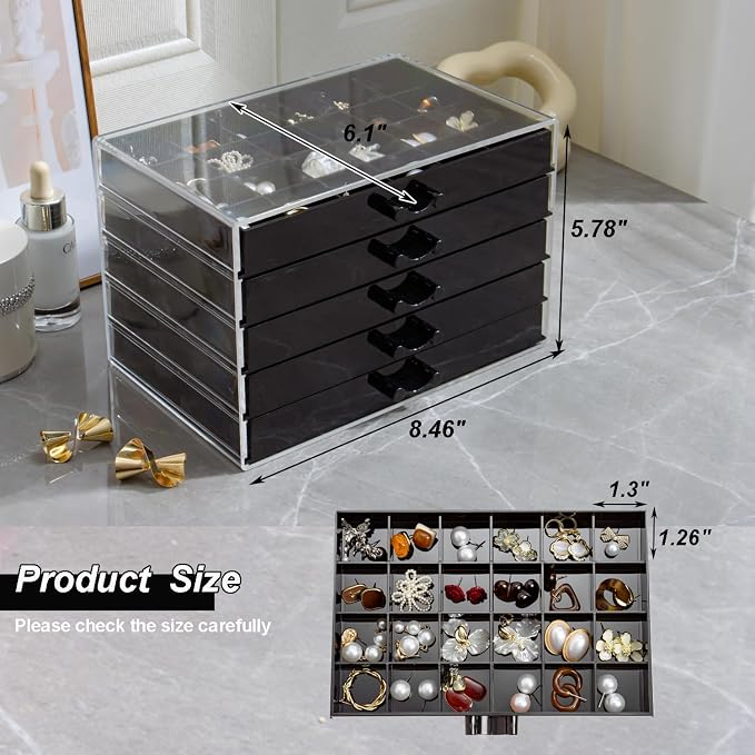 YUFONG Earring Storage Box Organizer, Acrylic Jewelry Storage Box Holder 5 Drawers Transparent Jewelry Display Stand with 120 Small Compartments Gift Boxes for Women Girls (Black) - Image 3