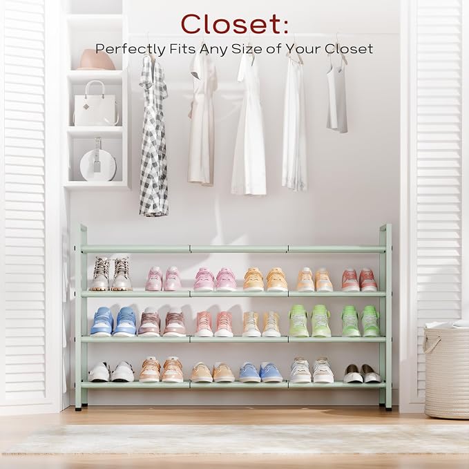 Bumusty 4-Tier Long Expandable Shoe Rack for Closet, 18"-44" Adjustable Shoe Rack for Entryway, 20-24 Pairs Large Shoe Organizer Shelf Storage, Sturdy Metal, Green - Image 2