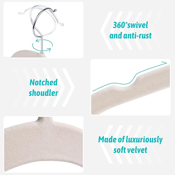 Sishynio Premium Velvet Shirt Hangers 50 Pack, Non-Slip 360° Swivel Hook Slim Flocked Coat Hanger, Space Saving Felt Hanger for for Tank Top, Blouses, Strappy Dresses(Beige) - Image 2