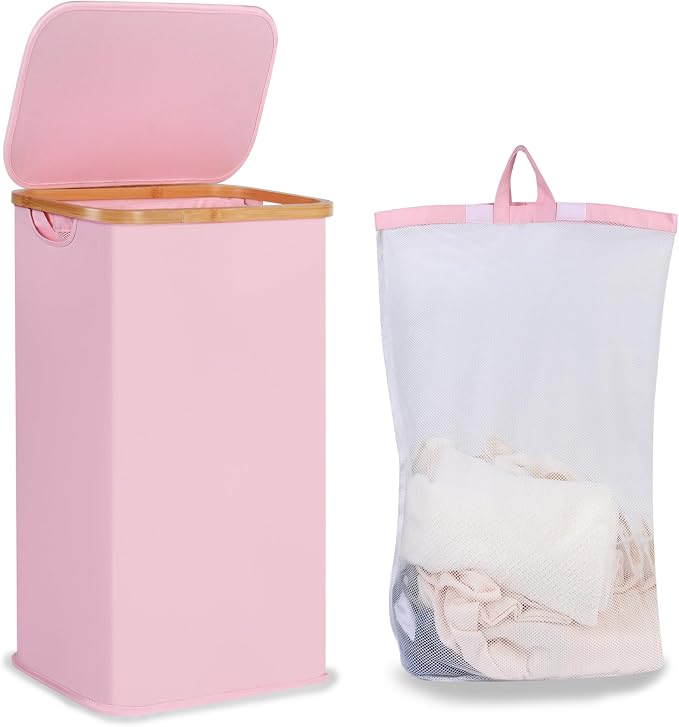 iEGrow Laundry Hamper with Lid, 110L Large Laundry Basket with Handle and Lid, Collapsible Clothes Basket Organizer with Removable Inner Bag for Clothes Toys Towels,Pink by iEGrow