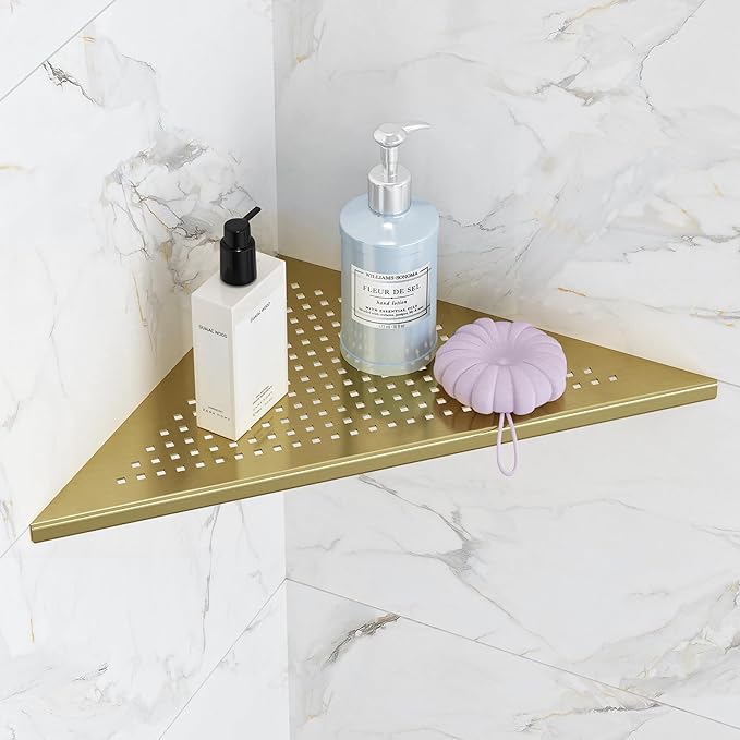 Qeke Bathroom Corner Shelf, Recessed 12" Shower Shelf Caddy, SUS304 Stainless Steel Shelf Wall Mount Triangular, No Drilling, Brushed Golden by Qeke