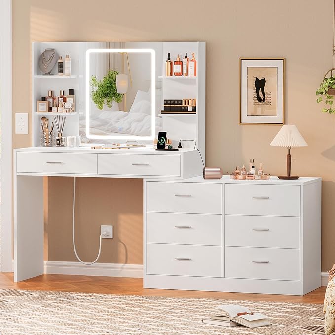 FIONESO Vanity Desk with LED Light Mirror & Power Outlet, 8 Drawers, 6 Storage Shelves, 3 Color Modes & Adjustable Brightness Makeup Vanity, Corner Vanity, L Shape Vanity, 39.4”-64.9" Desk, White