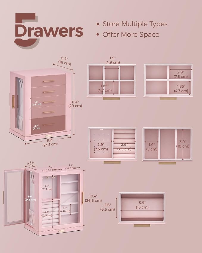 Glimmloop 360° Rotating Jewelry Box with 5 Drawers, Spacious Vertical Jewelry Organizer with Glass Window, Jewelry Storage Case, Dustproof & Moisture-resistant Design, Pink - Image 5