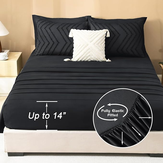 Litanika California King Comforter Set with Sheets Black - 7 Pieces Bed in a Bag Cal King Boho Tufted Complete Bedding Sets with Comforter, Sheets, Pillowcases & Shams