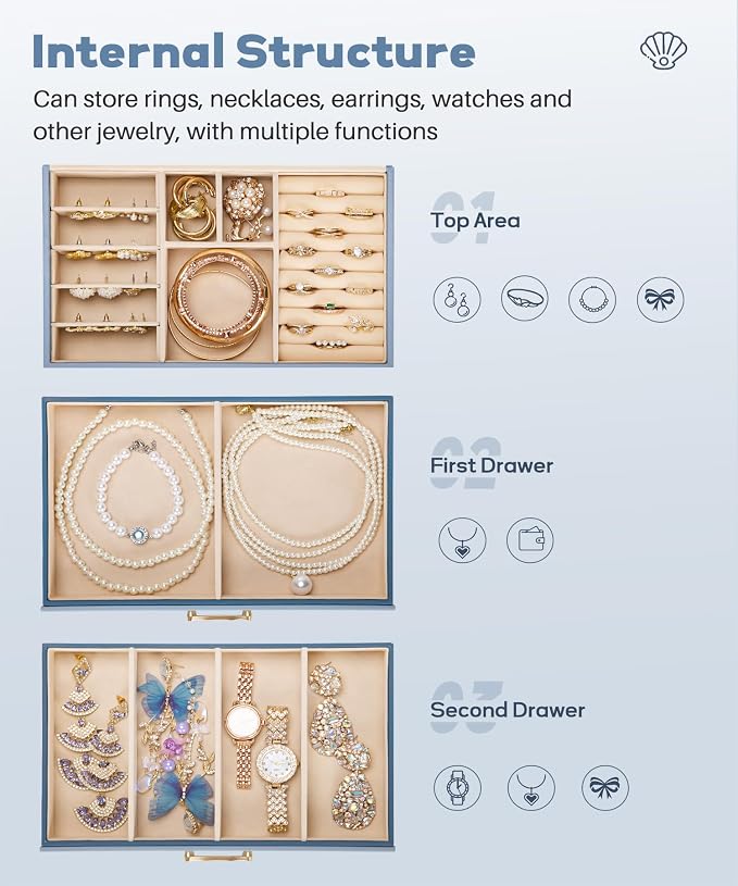 Enthralite Jewelry Box with 2 Drawers: Jewelry Display Organizer for Earrings Necklaces - Gifts for Girls Women (Grey Blue) - Image 5