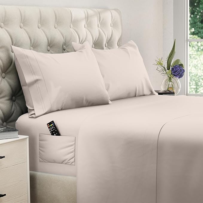 DREAMCARE Twin XL Sheet Sets - 4 pcs Breathable Cooling Bed Sheets - up to 15" Deep Pocket Twin XL Sheets Set with Side Pockets - Extra Soft 100% Brushed Hypoallergenic Hotel Luxury Bedding - Beige