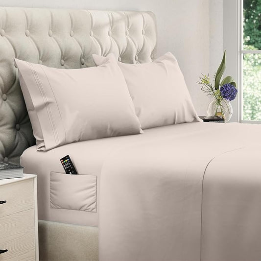 DREAMCARE Twin XL Sheet Sets - 4 pcs Breathable Cooling Bed Sheets - up to 15" Deep Pocket Twin XL Sheets Set with Side Pockets - Extra Soft 100% Brushed Hypoallergenic Hotel Luxury Bedding - Beige