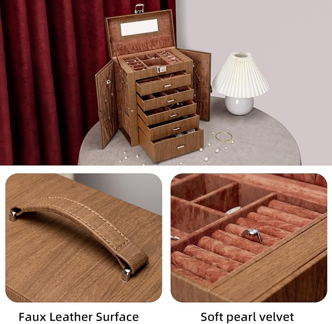 6 Tier Jewelry Box, Jewelry Case with 5 Drawers, Large Storage Capacity, with Mirror, Lockable, Jewelry Storage Organizer, Gift for Loved Ones - Image 2