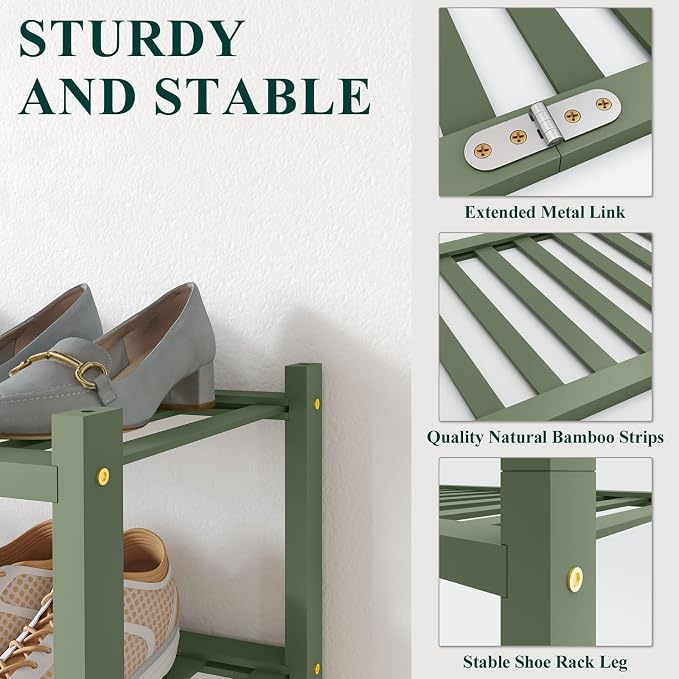 Smiry Bamboo Shoe Rack for Closet, 4 Tier Wooden Stackable Shoe Organizer, Free Standing Shoes Storage Shelf for Entryway, Front Door Entrance, Green - Image 3