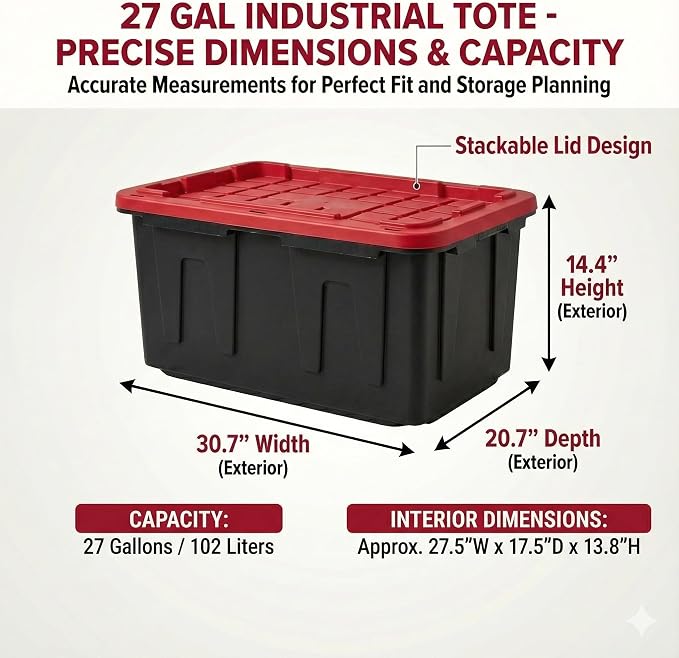 27 Gal Industrial Tote,2 Pack Plastic Storage Bins with Lids Tough Large Storage Bin,Black with Red Lid Plastic Storage,Stackable & Nestable for Garage, Basement, or Outdoor (2 Pack) - Image 5
