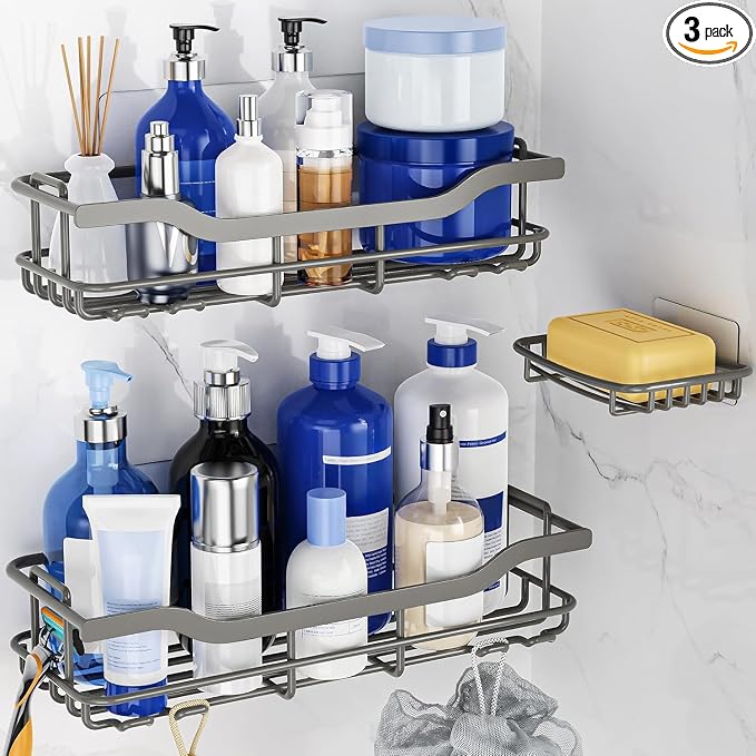 OMAIRA 3-Pack Shower Caddy with Soap Holder, Adhesive Rustproof No-drill Strudy Loading Inside Shower Organizer Shelves Rack Storage Bathroom Organization for Smooth Wall Glass Tile, Grey (X-Large) by OMAIRA