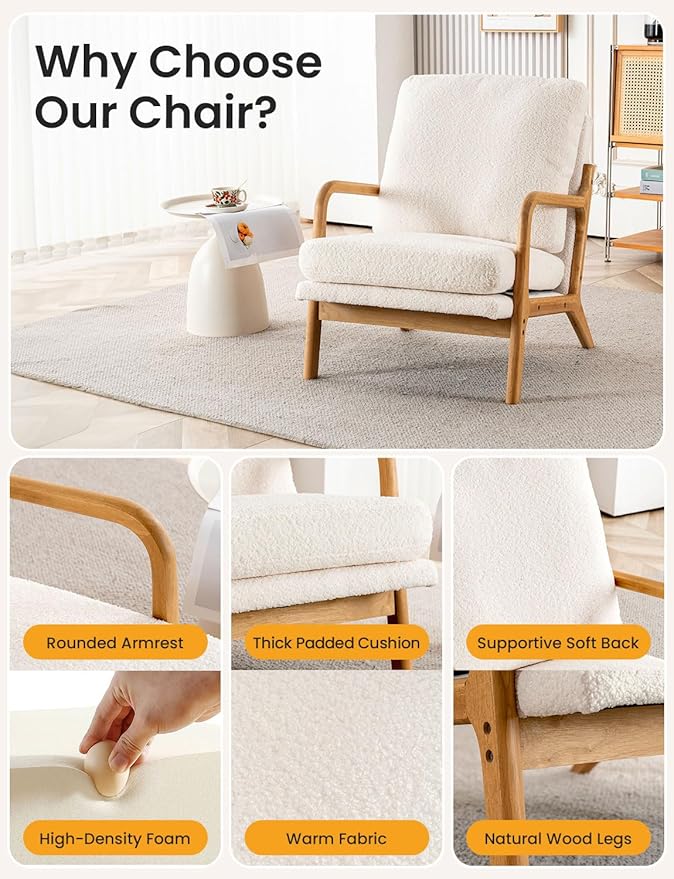 Mixcous Mid Century Modern Accent Chairs for Living Room, 23” Wide Comfy Chair for Bedroom, Small Cozy Sherpa Reading Chairs for Adults, 108° Lounge Arm Chair with Detachable Cover, 5.5" Foam Cushion