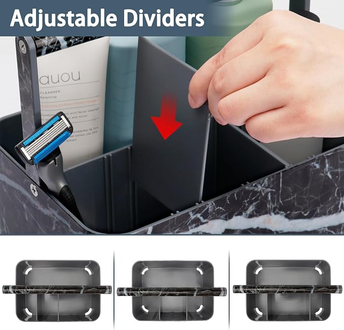 BYUNER Plastic Shower Caddy Dorm: Portable Bathroom Caddy Organizer for College with Handle and Adjustable Divider, Utility Hard Shower Basket Bath Tote for Toiletry, Shampoo, Soap (Black Marble) - Image 4