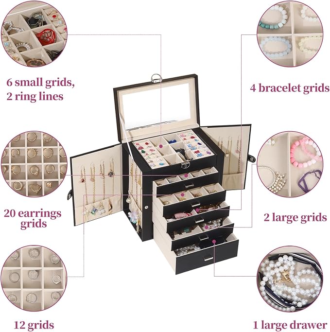 BOOVO Jewelry Box For women, 6 Layer Large Jewelry Organizer With Mirror, Multi-Function Storage Box With Lock, Accessory Holder With 5 Drawers, For Earrings Necklace Ring Bracelet (Black) - Image 5