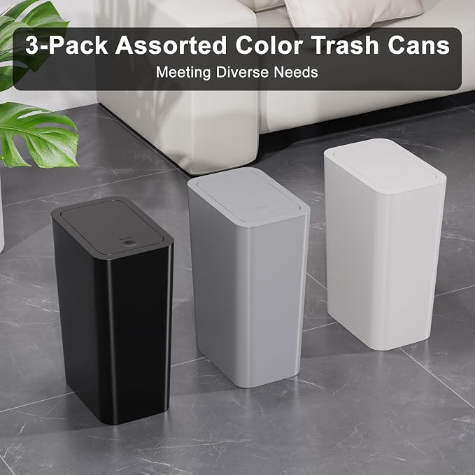 N. NETDOT 3 Pack 10L/2.6 Gal Bathroom Trash Can with Lid, Trash Bin with Press Lid, Small Trash Can/Slim Garbage Cans/Waste Basket for Bathroom,Kitchen,Office,Bedroom - Black,Gray,Off White - Image 6