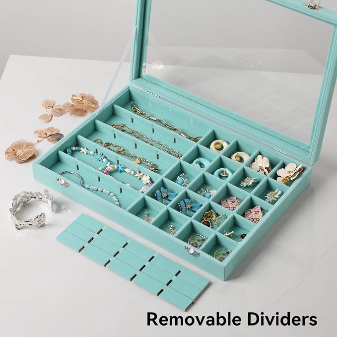 Frebeauty 40 Grid Jewelry Tray,Adjustable Earring Holder Organizer with Glass Lid,Velvet Drawer Jewelry Organizer for Rings,Studs,13.8 x 9.5 x 2 Inches Jewelry Display Box,Gift for Women(Turquoise) - Image 6