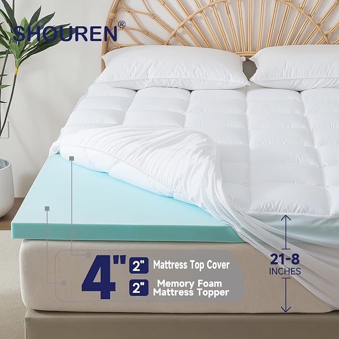 Memory Foam Mattress Topper 3inch（2inch+1inch） Queen Size, Pressure-Relieving Bed Topper with Secure Strap Design for Back Pain, Soft and Supportive, Shredded Memory Foam