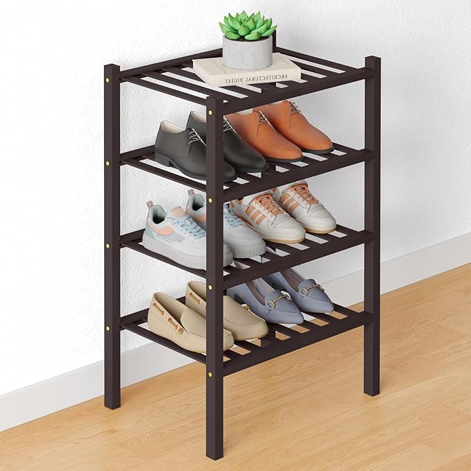 Smiry Bamboo Shoe Rack for Closet, 4 Tier Small Wooden Stackable Shoe Organizer, Free Standing Shoes Storage Shelf for Entryway, Front Door Entrance, Brown by Smiry