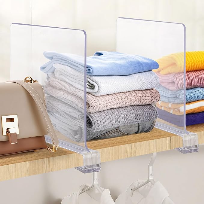 JOY DECOR 12 Pack Acrylic Clear Shelf Dividers for Closets Organizer and Storage Adjustable Vertical Wood Shelf Closet Separators for Clothes,Book,Bags in Bedroom and Kitchen - Image 7