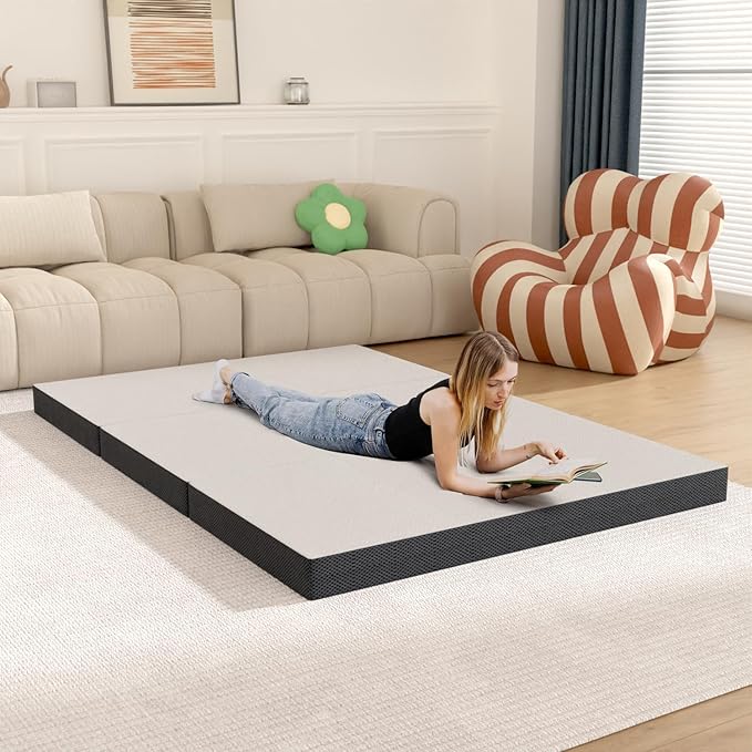 4 inch Memory Foam Tri Folding Mattress/Portable Foldable Mattress Topper with Washable Cover Non-Slip Bottom for Camping, Guest, Floor RV, CertiPUR-US Certified, Queen