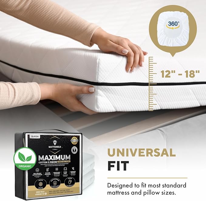 MATTSHIELD Maximum 3-Piece Kit - Waterproof Organic Cotton Terry Mattress Protector Full + 2 Pillow Protectors - Fitted with Stretchable Pockets - Skin-Friendly, Breathable Mattress Cover