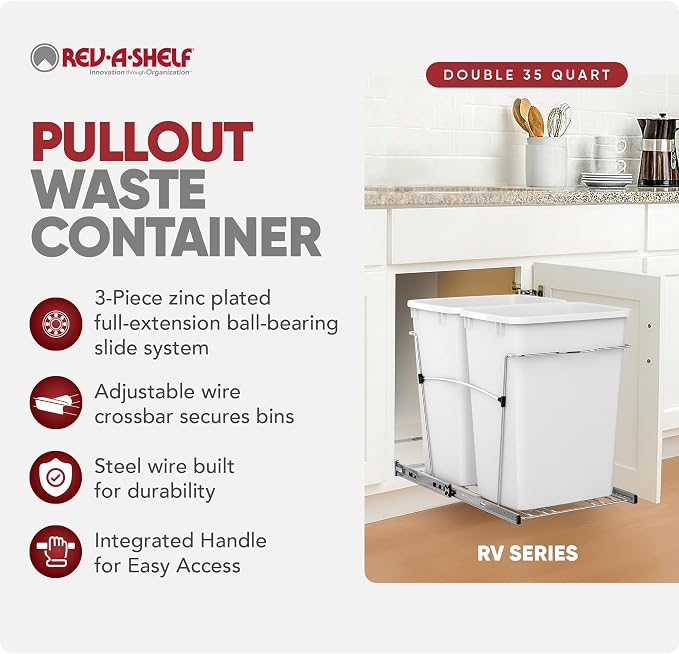Rev-A-Shelf RV-18KD-11C S Double Pullout Trash Can for Kitchen Cabinets 35 Qt Garbage Recycling Bin on Full-Extension Slides, White - Image 2