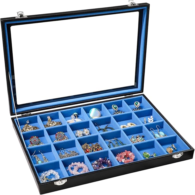 Stratalife Earring Organizer Jewelry Tray with See-through Lid Jewelry Holder Organizer Jewelry Organizer Box Jewelry Storage Crystal Holder Rock Collection Box 24 Grid (Blue Black) by Stratalife