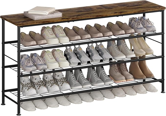 SUOERNUO Shoe Rack Organizer 4 Tier for Closet Entryway Free Standing Metal Storage Shoe Shelf with MDF Top Board (Black+Rustic Brown, Large 4 Tier) by SUOERNUO