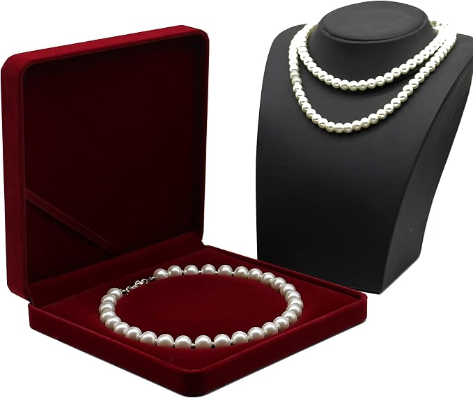 Jewelry Set Velvet Box Necklace Earring Ring Necklace Bracelet Gift Display Case Wedding Jewelry Storage Holder (Red for Pearl Necklace) - Image 5