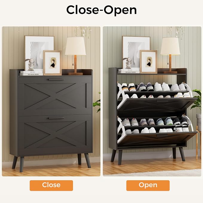 Homleke 32" W Farmhouse Shoe Storage Cabinet with 2 Flip Drawers and Barn Door Design, Adjustable Shelves, Modern Hidden Slim Narrow Shoe Rack Cabinet for Entryway, Foyer, Hallway, Living Room, Black - Image 6
