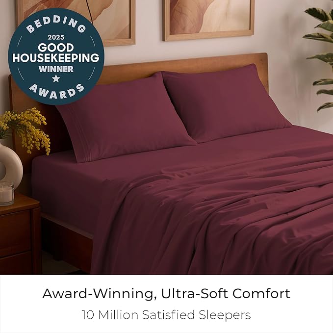 Mellanni Full Sheets Set - 4 PC Iconic Collection Bedding - Hotel Luxury, Extra Soft, Cooling Bed Sheets - Wrinkle, Fade, Stain Resistant (Full, Burgundy)