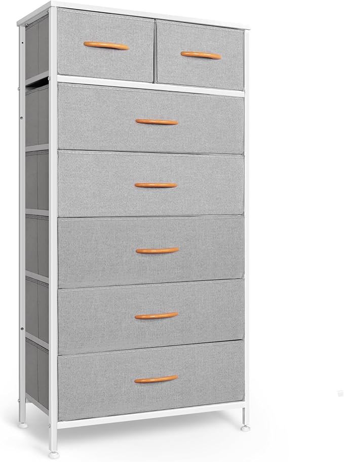 Mifuro Tall Dresser for Bedroom, Vertical Storage Organizer Tower with 7 Drawers, Chest of Drawers with Fabric Bins, Steel Frame, Wood Top for Bedroom, Closet, Entryway- Light Grey by MifuroOfficeProduct