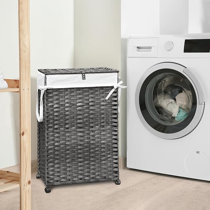 70L Slim Laundry Hamper with Lid & Wheels, 2-Park Rolling Laundry Basket with 4 Removable Liner Bags & 3 Mesh Bags, Narrow Dirty Clothes Basket, Foldable Handwoven Rattan Laundry Sorter, Grey - Image 2