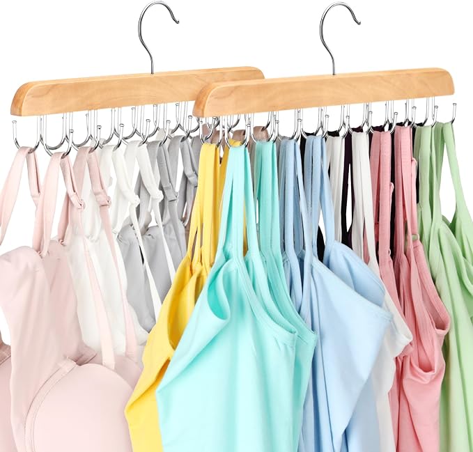 Bra Hanger for Closet, Tank Top Organizer 20 Hooks Capacity Foldable Wood Space Saving Hanger Closet Organizers and Storage for Dorm & Apartment for Tank Top, Hats etc.-2 Pack by LearnMoreAboutResovo