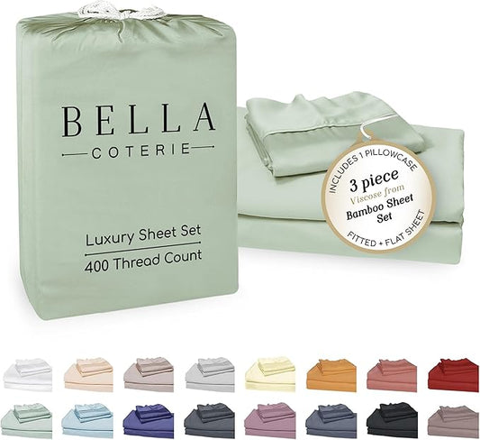 Bella Coterie Luxury Bamboo Viscose Twin Size Sheet Set | 100% Organically Grown | Ultra Soft | Cooling for Hot Sleepers | 18" Deep Pocket [Sea Glass]