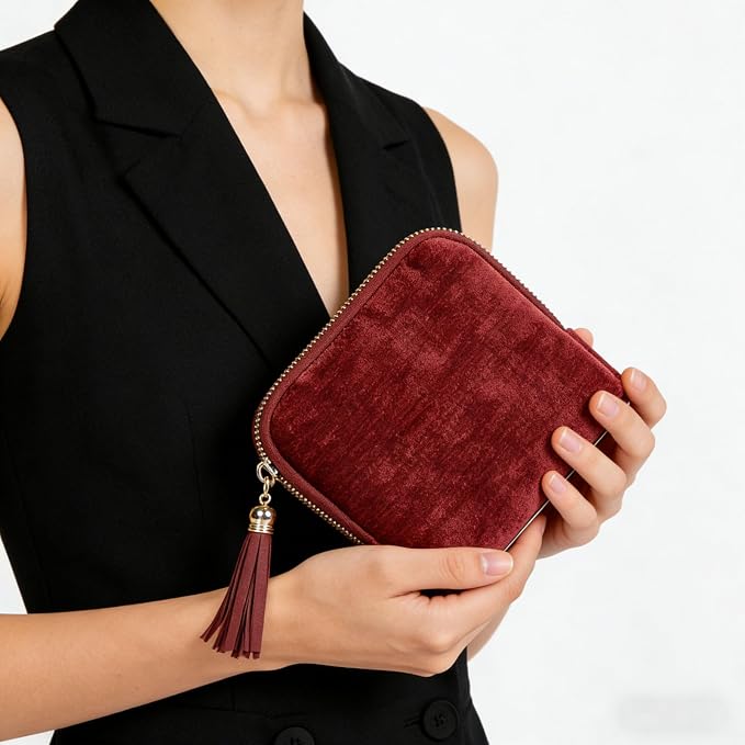 ASINGYER Travel Jewelry Storage Bag for Women, Velvet Portable Jewelry Organizer with Tassel Zipper, Small Pouches for Bracelets Necklaces Rings Earrings, Wedding Gift for Women (Wine red) - Image 7