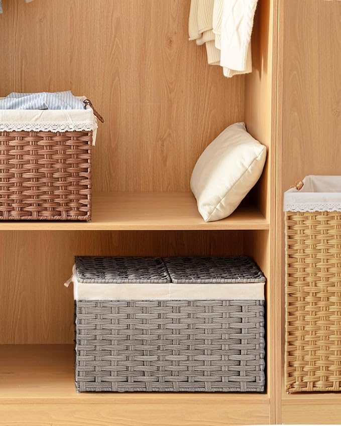 SETVSON Storage Basket with Lid, PE Rattan Woven Storage Baskets with 2 Separate Lids, 17.2 Gallon (65 L), 22.2 x 13 x 13.8 Inches, 2 Removable Liner Bags Handles for Bedroom, Laundry Room Gray - Image 7