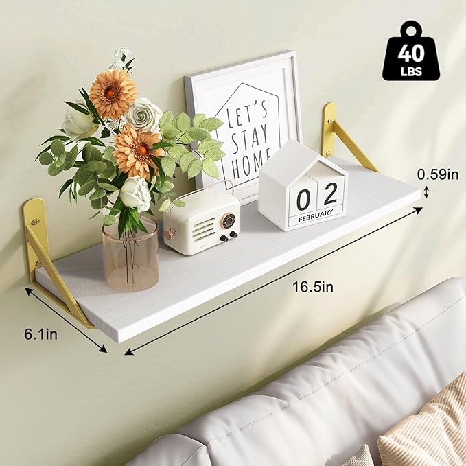 Fixwal White Shelves, Wood Wall Floating Mounted Shelves for Bedroom, Bathroom, Living Room, Kitchen Storage and Decor(White, Set of 4, 16.5 Inch) - Image 3