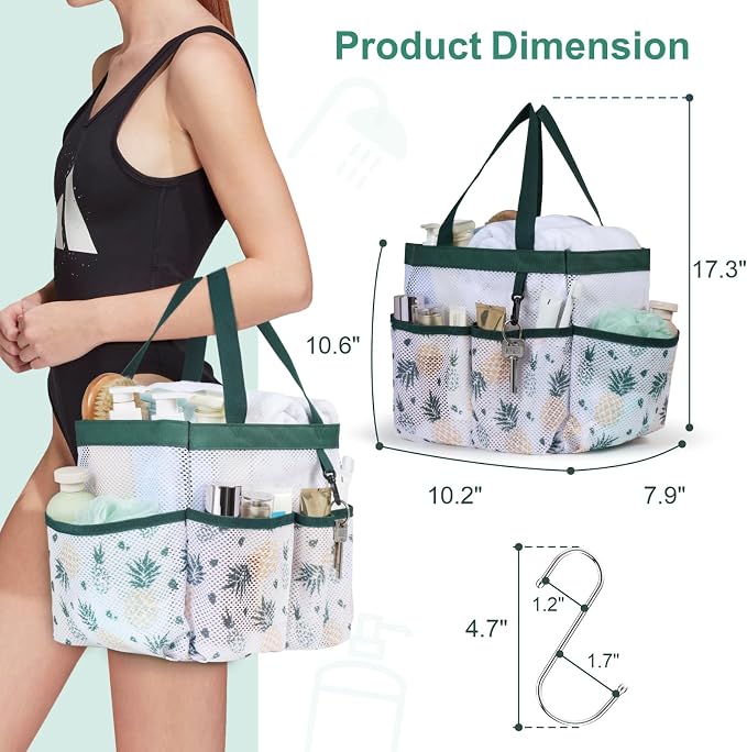 F-color Shower Caddy Portable - Mesh Shower Bag Basket Tote for College Dorm Room Essentials Bathroom Gym Camp Quick Dry for Women Men with S Hook, Green Pineapple - Image 2