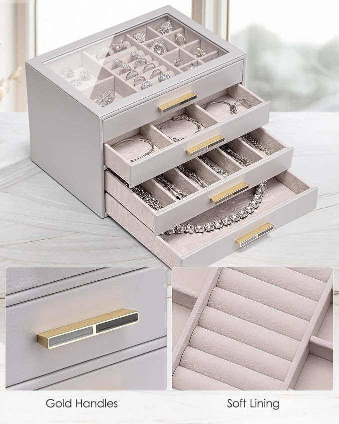 Vlando 4 Layer Jewelry Box for Women, Glass Lid Jewelry Organizer with 4 Drawers for Necklaces Rings Earrings Bracelets - Grey - Image 5