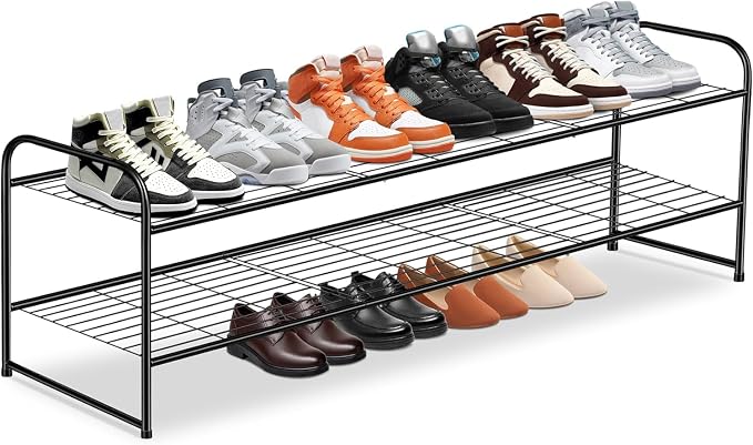 KEETDY 2-Tier Long Shoe Rack for Closet Metal Shoe Organizer for Entryway, Wide Stackable Shoe Storage Shelf with Sturdy Wire Grid for Closet Floor, Bedroom, Black by KEETDY