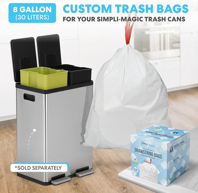 Simpli-Magic 18.5 Gallon (40L x 30L) Dual Compartment Step Trash Can – Kitchen Garbage Can with Waste & Recycling Bins – Slow-Close Lid, Odor Control, Hands-Free, Stainless Steel - Image 10