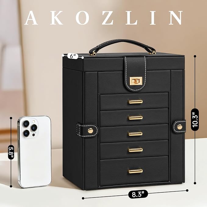 AKOZLIN Jewelry Box Organizer Functional Leather Jewelry Storage Case for Women Girls Ring Necklace Earring Bracelet Holder Organizer with Mirror Black - Image 2