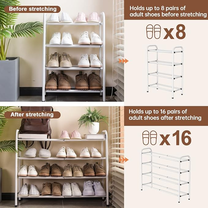 Gonfoam 4-Tier Expandable Shoe Rack,Adjustable Shoe Shelf Storage Organizer Heavy Duty Metal Free Standing Shoe Rack for Entryway Closet Doorway (White) - Image 6