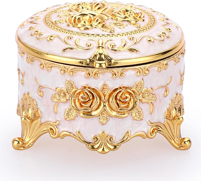 Hipiwe Vintage Round Jewelry Box Small Trinket Storage Organizer Box Gold Metal Chest Ring Case Treasure Box Keepsake Box Earrings Necklace Storage Box Gift for Women, Small by Hipiwe