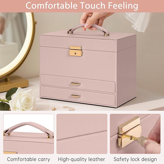 AKOZLIN Travel Jewelry Box Organizer Functional 2-trays Leather Jewelry Storage Case with Lockable Portable 2 Drawers for Women Girls Ring Necklace Earring Bracelet - Image 7