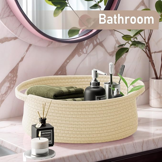 JMvicyroam Woven Basket,Small Rope Storage Bin with Handles & Ribbon Bag, Organizer for Shelves Closets,Gift Basket Empty for Birthday,Books,Dog Toys,Beige/3 Pack - Image 8