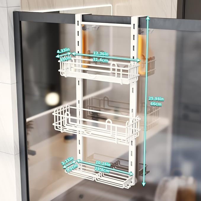 HapiRm 3 Tier Over the Door Shower Caddy, Hanging Shower Caddy with 16 Hooks and 2 Soap Holders, No Drilling Adjustable Hanging Bathroom Organizer - White - Image 6